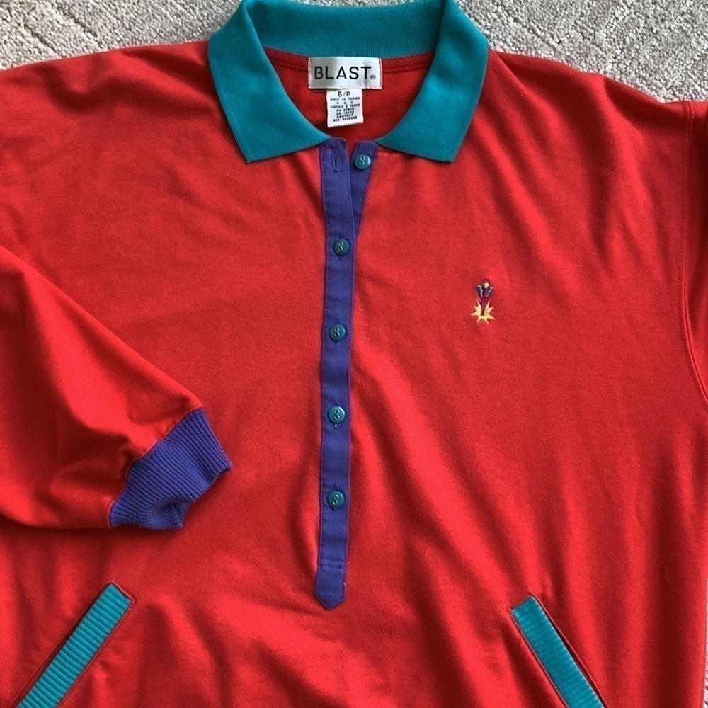 Blast 80s Colorblock Colorful Collared Popover Button up Vintage Sweatshirt Sm - Picture 3 of 8